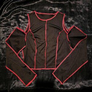 exposed stitching style long sleeve cold shoulder crop top